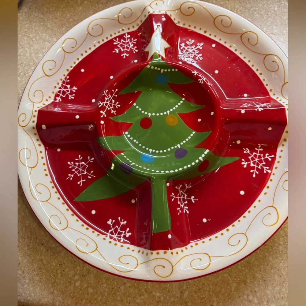 Pier 1 Hand-Painted Christmas Tree Holiday Divided Dish Hand Painted 13.5